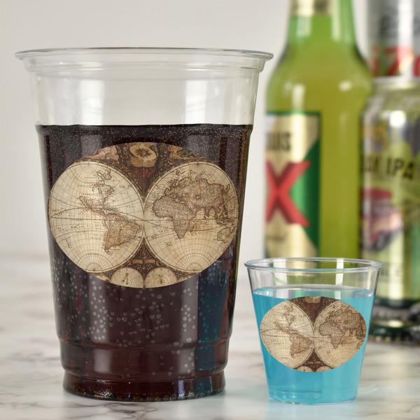 Vintage World Map Plastic Shot Glasses - In Context