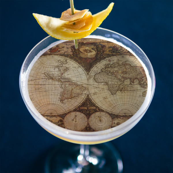 Vintage World Map Printed Drink Topper - XLarge - In Context
