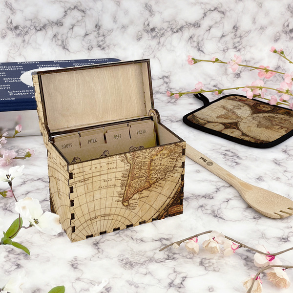 Vintage World Map Recipe Box - Full Color - In Context