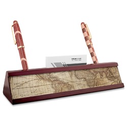 Vintage World Map Red Mahogany Nameplate with Business Card Holder