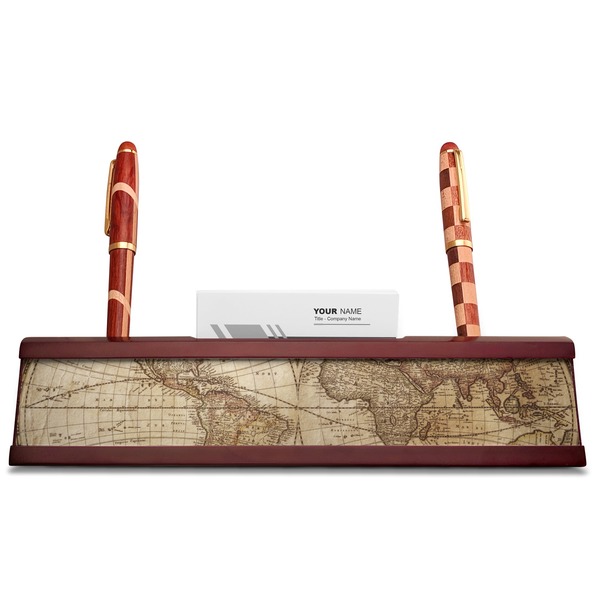 Vintage World Map Red Mahogany Nameplates with Business Card Holder - Straight