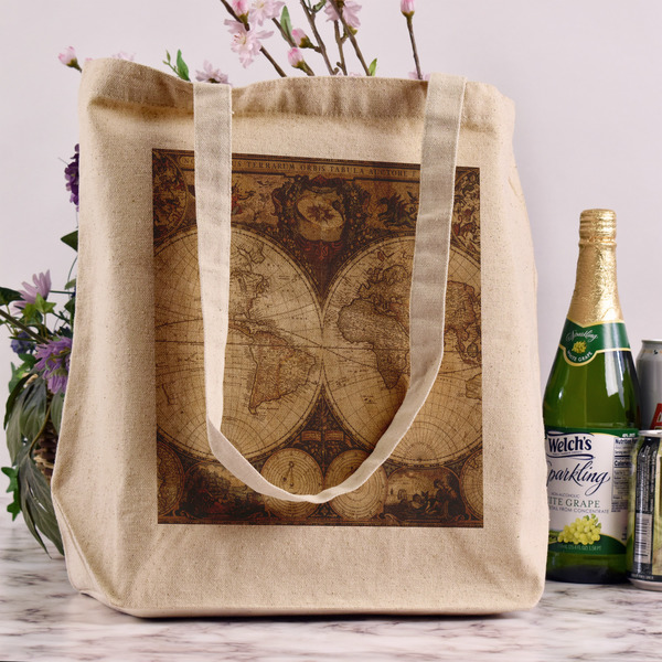 Vintage World Map Reusable Cotton Grocery Bag - In Context