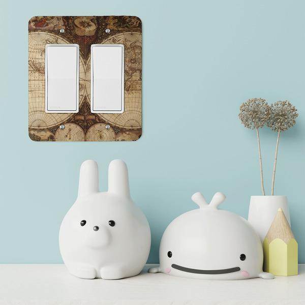 Vintage World Map Rocker Light Switch Covers - Double - IN CONTEXT