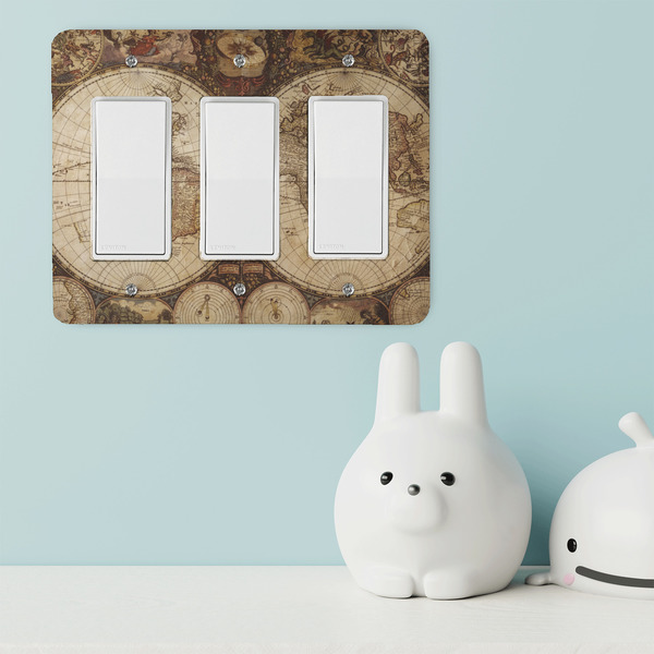 Vintage World Map Rocker Light Switch Covers - Triple - IN CONTEXT