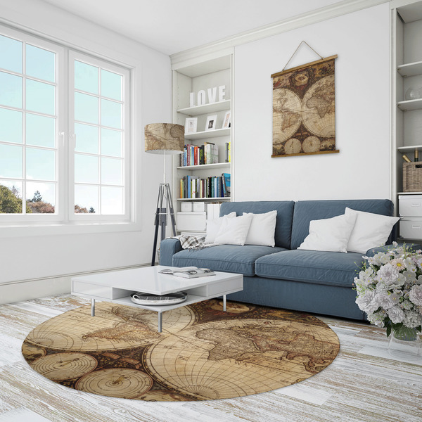 Vintage World Map Round Area Rug - IN CONTEXT