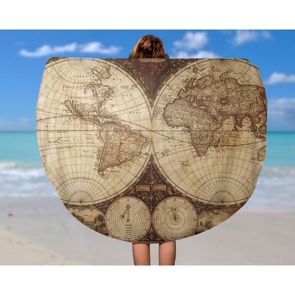 Vintage World Map Round Beach Towel - In Use