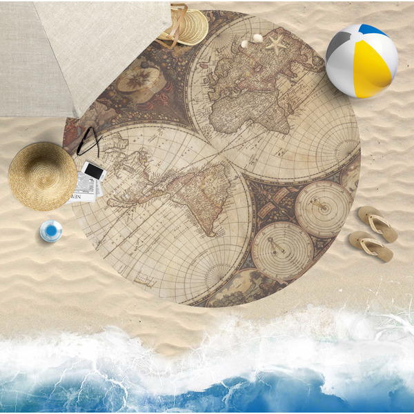 Vintage World Map Round Beach Towel Lifestyle