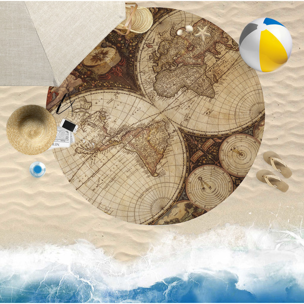 Vintage World Map Round Beach Towel Lifestyle