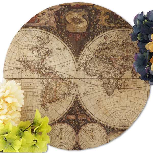 Vintage World Map Round Linen Placemats - Front (w flowers)