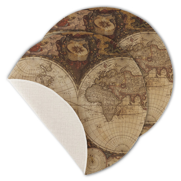 Custom Vintage World Map Round Linen Placemat - Single Sided - Set of 4