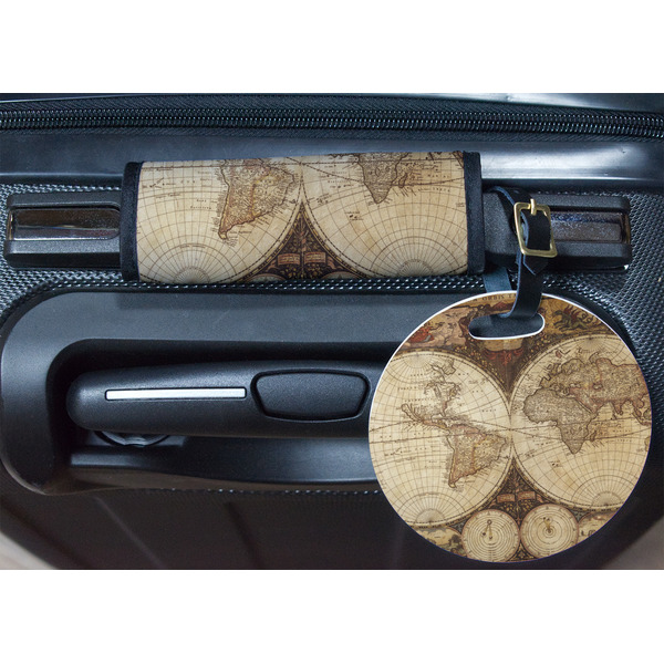 Vintage World Map Round Luggage Tag & Handle Wrap - In Context