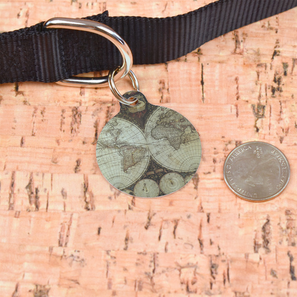 Vintage World Map Round Pet ID Tag - Large - In Context