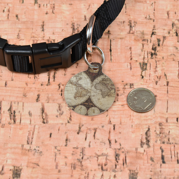 Vintage World Map Round Pet ID Tag - Small - In Context