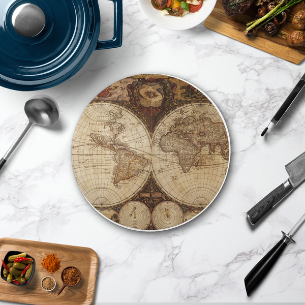 Vintage World Map Round Stone Trivet - In Context View