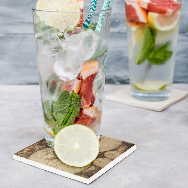 Vintage World Map Set of 4 Stone Coasters - In Context View