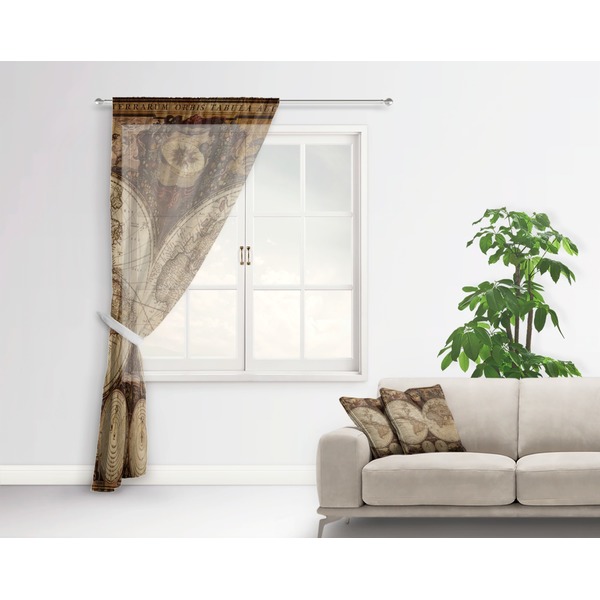 Vintage World Map Sheer Curtain With Window and Rod - in Room Matching Pillow