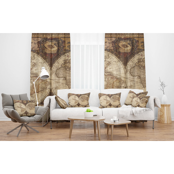 Vintage World Map Sheer and Custom Curtains in Room with Matching Pillows