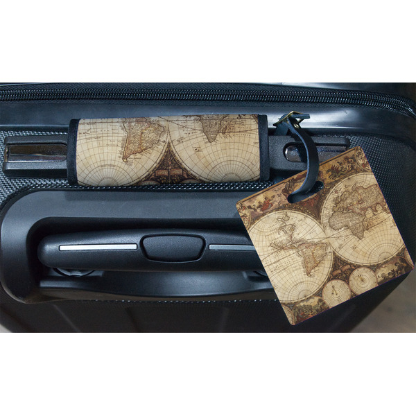 Vintage World Map Square Luggage Tag & Handle Wrap - In Context