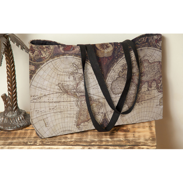 Vintage World Map Tote w/Black Handles - Lifestyle View