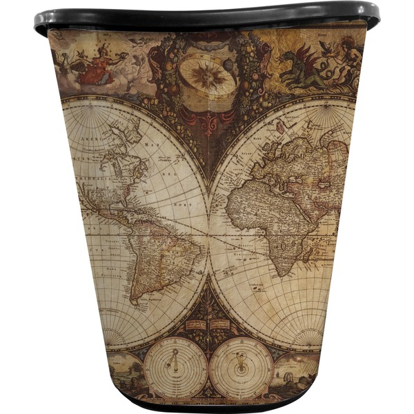 Custom Vintage World Map Waste Basket - Single Sided (Black)