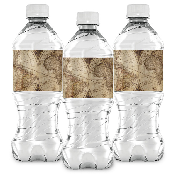 Vintage World Map Water Bottle Labels - Front View