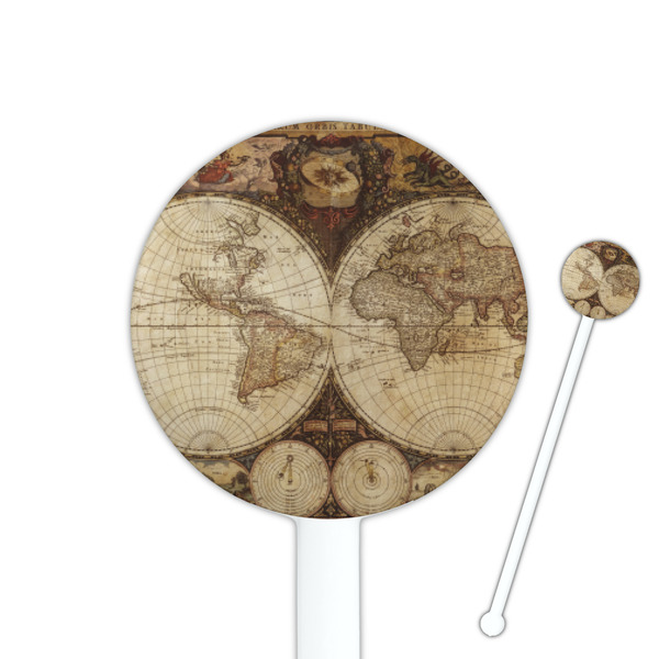 Custom Vintage World Map 5.5" Round Plastic Stir Sticks - White - Single Sided