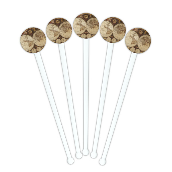Vintage World Map White Plastic 7" Stir Stick - Round - Fan View