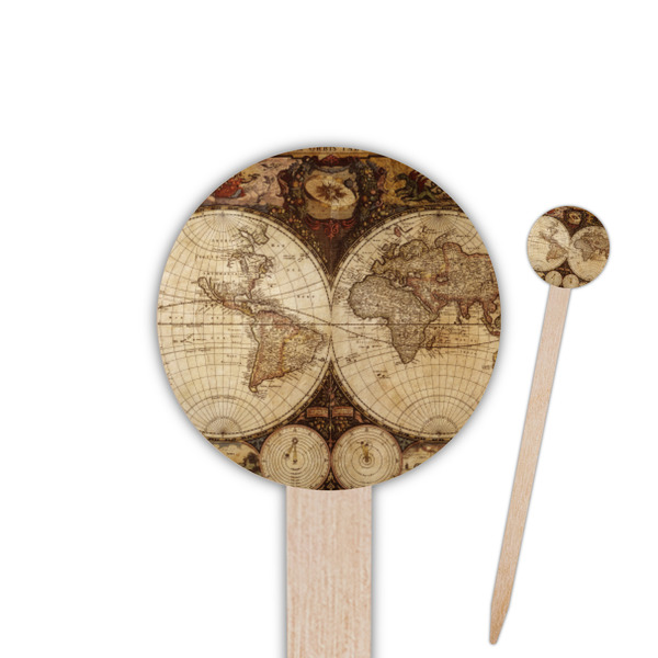 Custom Vintage World Map 6" Round Wooden Food Picks - Single Sided