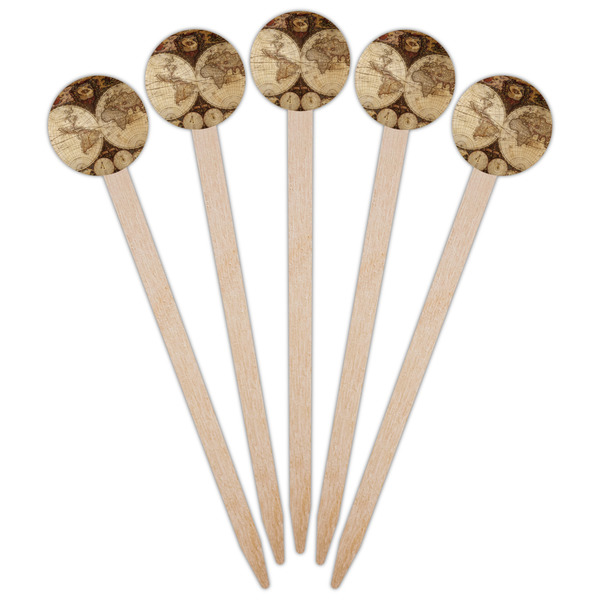 Vintage World Map Wooden 6" Food Pick - Round - Fan View