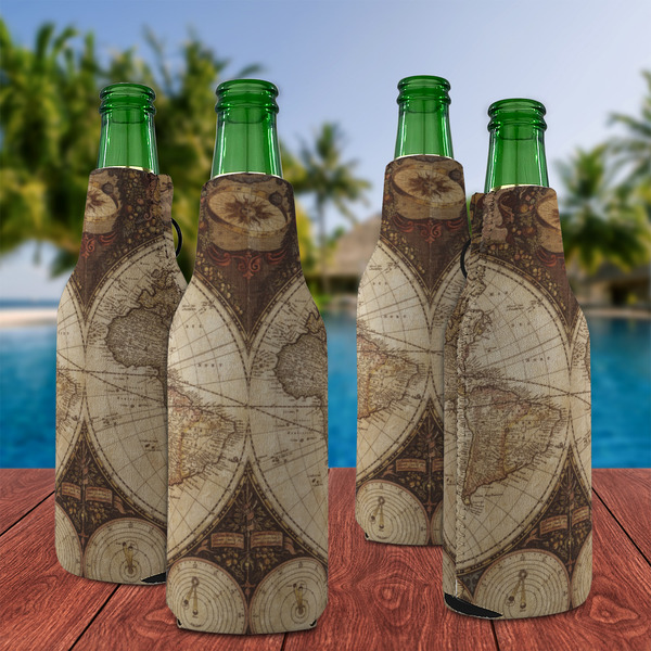 Vintage World Map Zipper Bottle Cooler - Set of 4 - LIFESTYLE