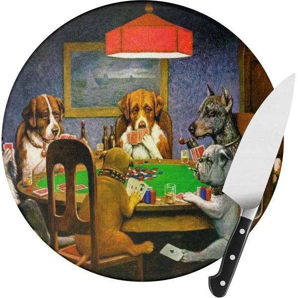 Custom Dogs Playing Poker 1903 C.M.Coolidge Round Glass Cutting Board - Medium