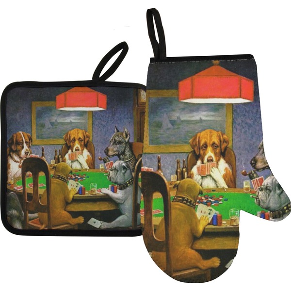 Custom Dogs Playing Poker by C.M.Coolidge Right Oven Mitt & Pot Holder Set