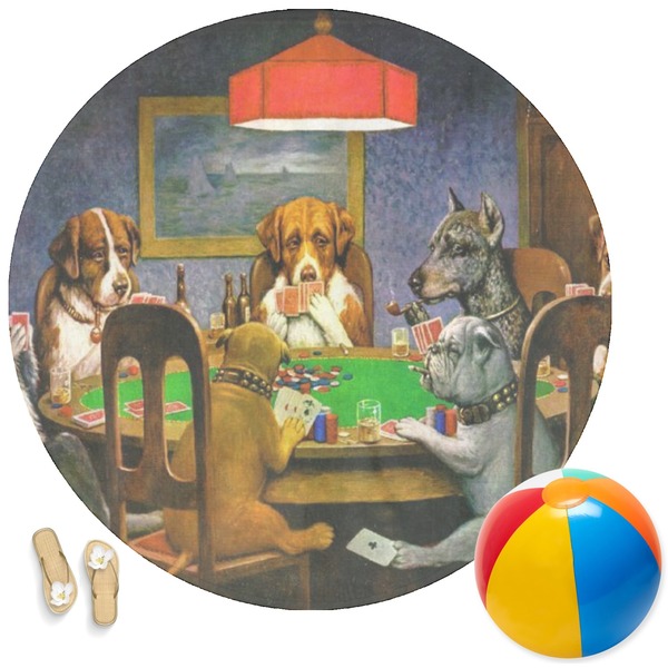 Custom Dogs Playing Poker 1903 C.M.Coolidge Round Beach Towel