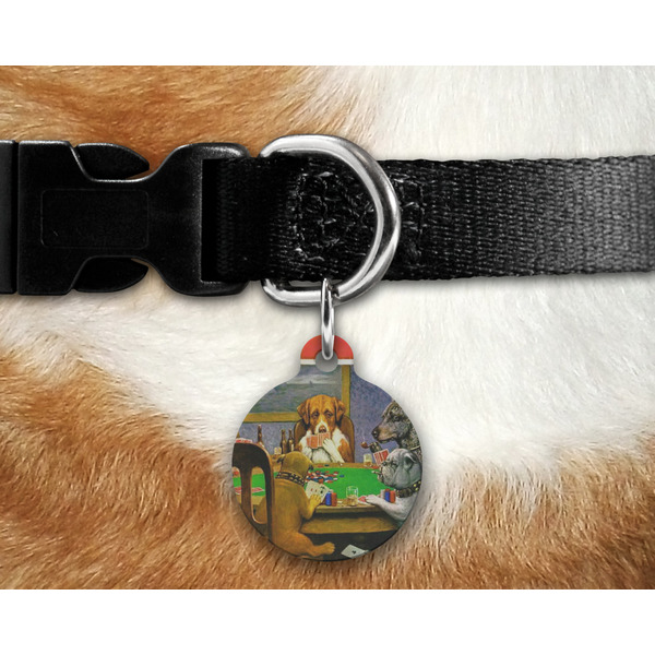 Dogs Playing Poker by C.M.Coolidge Round Pet Tag on Collar & Dog
