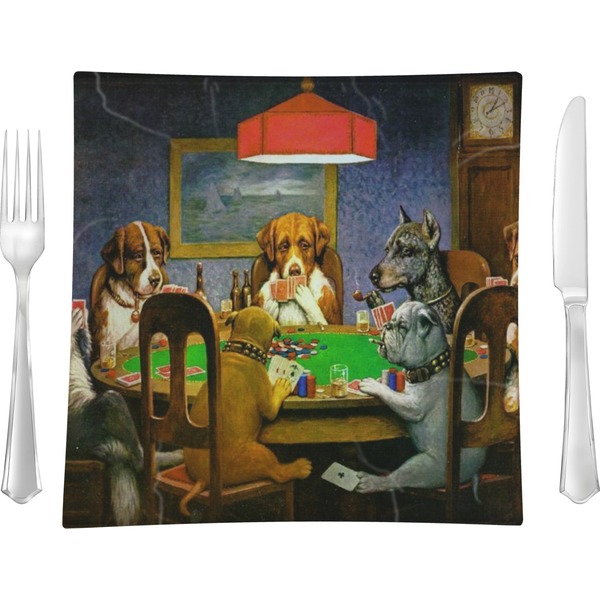 Custom Dogs Playing Poker by C.M.Coolidge 9.5" Glass Square Lunch / Dinner Plate- Single or Set of 4