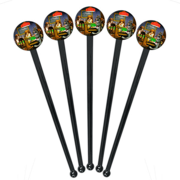 Dogs Playing Poker by C.M.Coolidge Black Plastic 7" Stir Stick - Round - Fan View