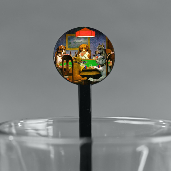 Dogs Playing Poker by C.M.Coolidge Black Plastic 7" Stir Stick - Round - Main