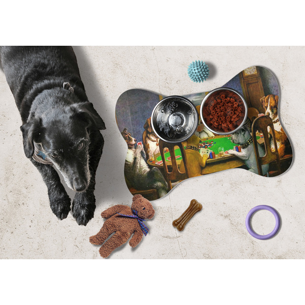Dogs Playing Poker by C.M.Coolidge Bone Shaped Mat w/ Food & Water
