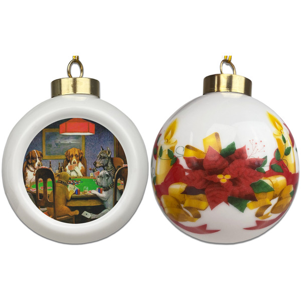 Dogs Playing Poker by C.M.Coolidge Ceramic Christmas Ornament - Poinsettias (APPROVAL)