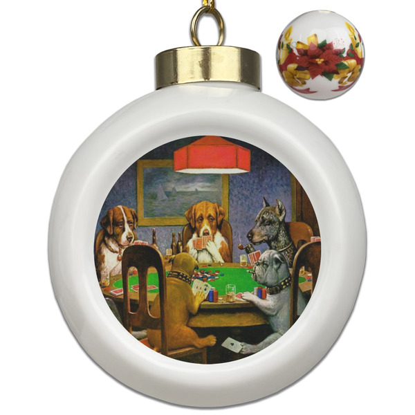 Custom Dogs Playing Poker by C.M.Coolidge Ceramic Ball Ornaments - Poinsettia Garland