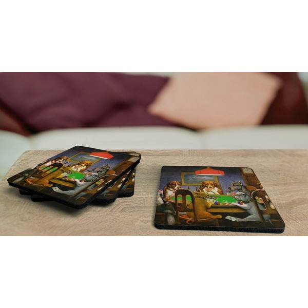 Dogs Playing Poker by C.M.Coolidge Coaster Rubber Back - On Coffee Table