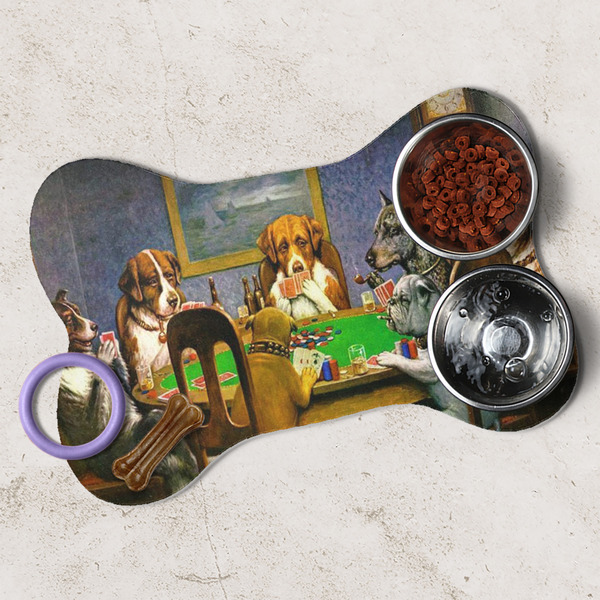 Dogs Playing Poker by C.M.Coolidge Dog Bone Shaped Mat Lifestyle