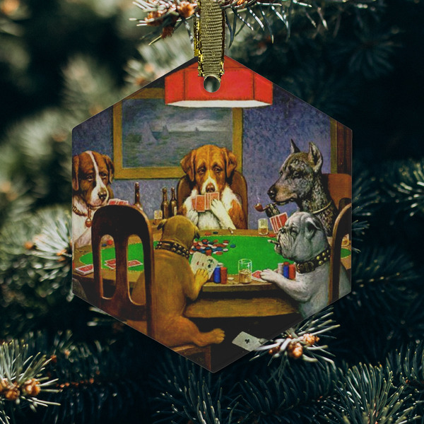 Dogs Playing Poker by C.M.Coolidge Frosted Glass Ornament - Hexagon (Lifestyle)