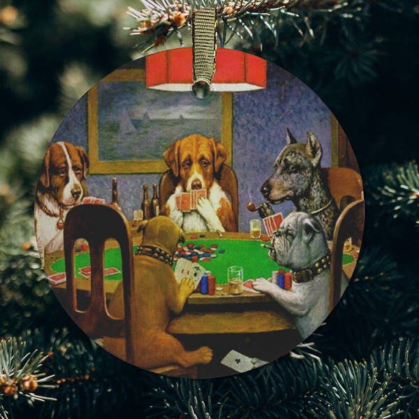 Dogs Playing Poker by C.M.Coolidge Frosted Glass Ornament - Round (Lifestyle)