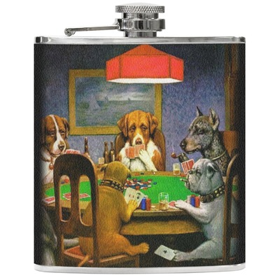 Dogs Playing Poker by C.M.Coolidge Genuine Leather Flask