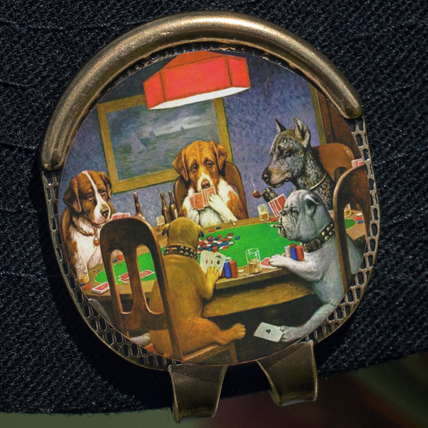Dogs Playing Poker by C.M.Coolidge Golf Ball Marker Hat Clip - Gold - Close Up