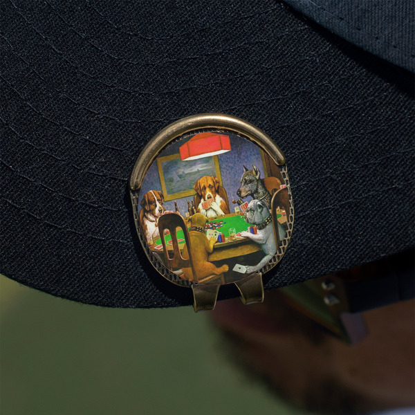 Dogs Playing Poker by C.M.Coolidge Golf Ball Marker Hat Clip - Gold - On Hat