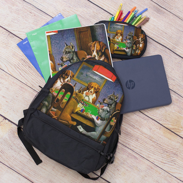 Dogs Playing Poker by C.M.Coolidge Large Backpack - Black - With Stuff