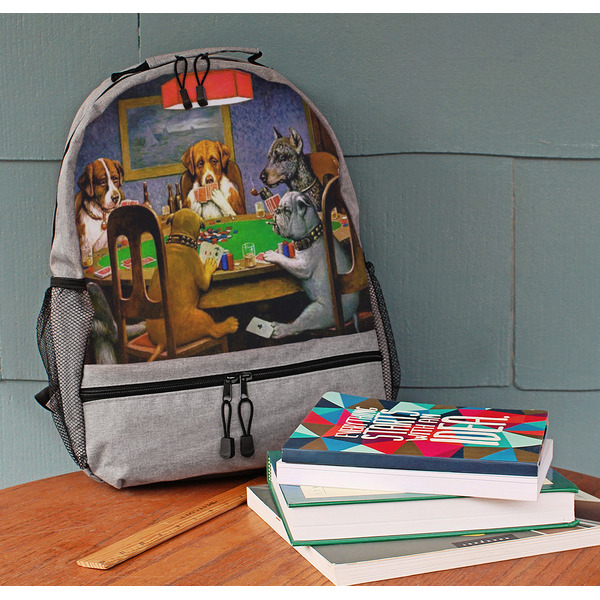 Dogs Playing Poker by C.M.Coolidge Large Backpack - Gray - On Desk