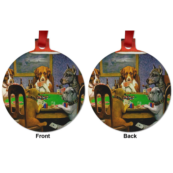 Dogs Playing Poker by C.M.Coolidge Metal Ball Ornament - Front and Back